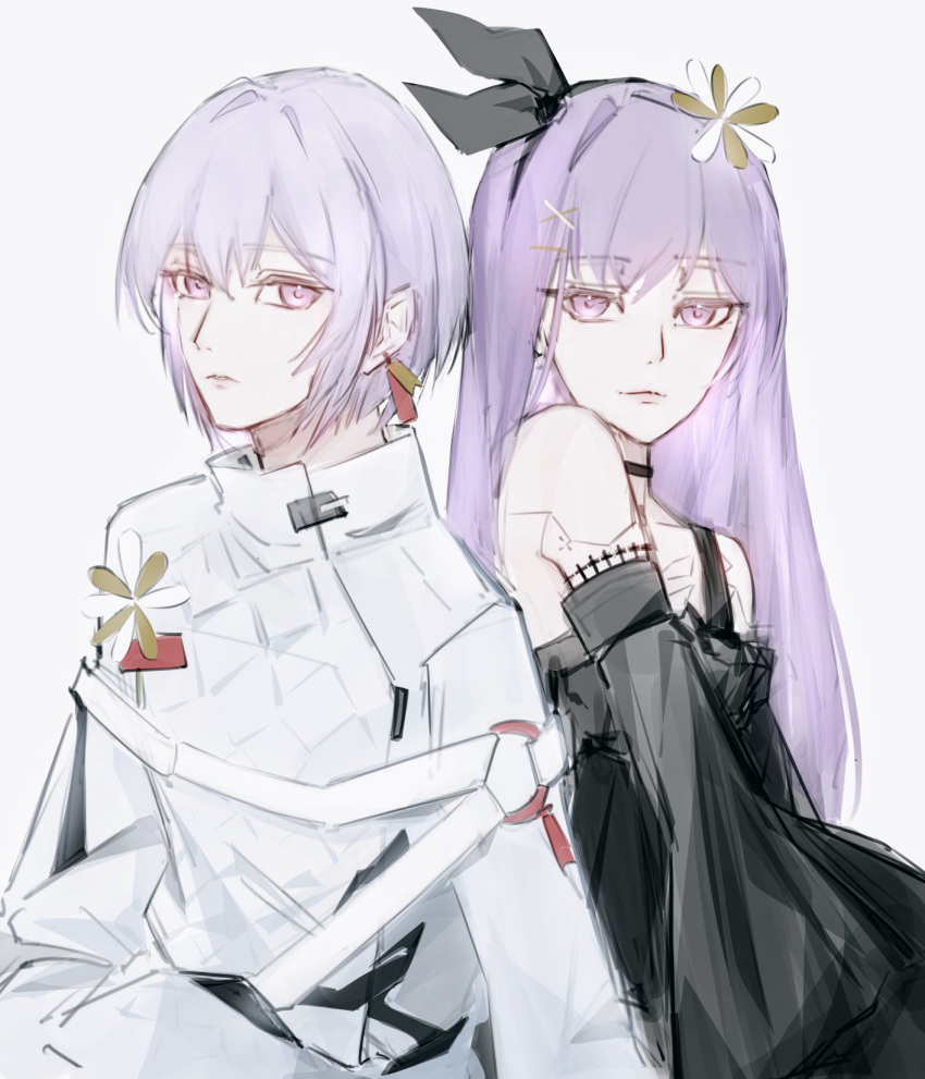 black_bow, black_choker, black_dress, black_sleeves, bow, character_request, choker, detached_sleeves, dress, earrings, flower, gender_request, hair_bow, hair_flower, hair_ornament, highres, jewelry, jyouu9s, lithos_(pgr), long_hair, long_sleeves, looking_at_viewer, mechabare, medium_hair, otoko_no_ko, purple_hair, shirt, sidelocks, violet_eyes, white_shirt