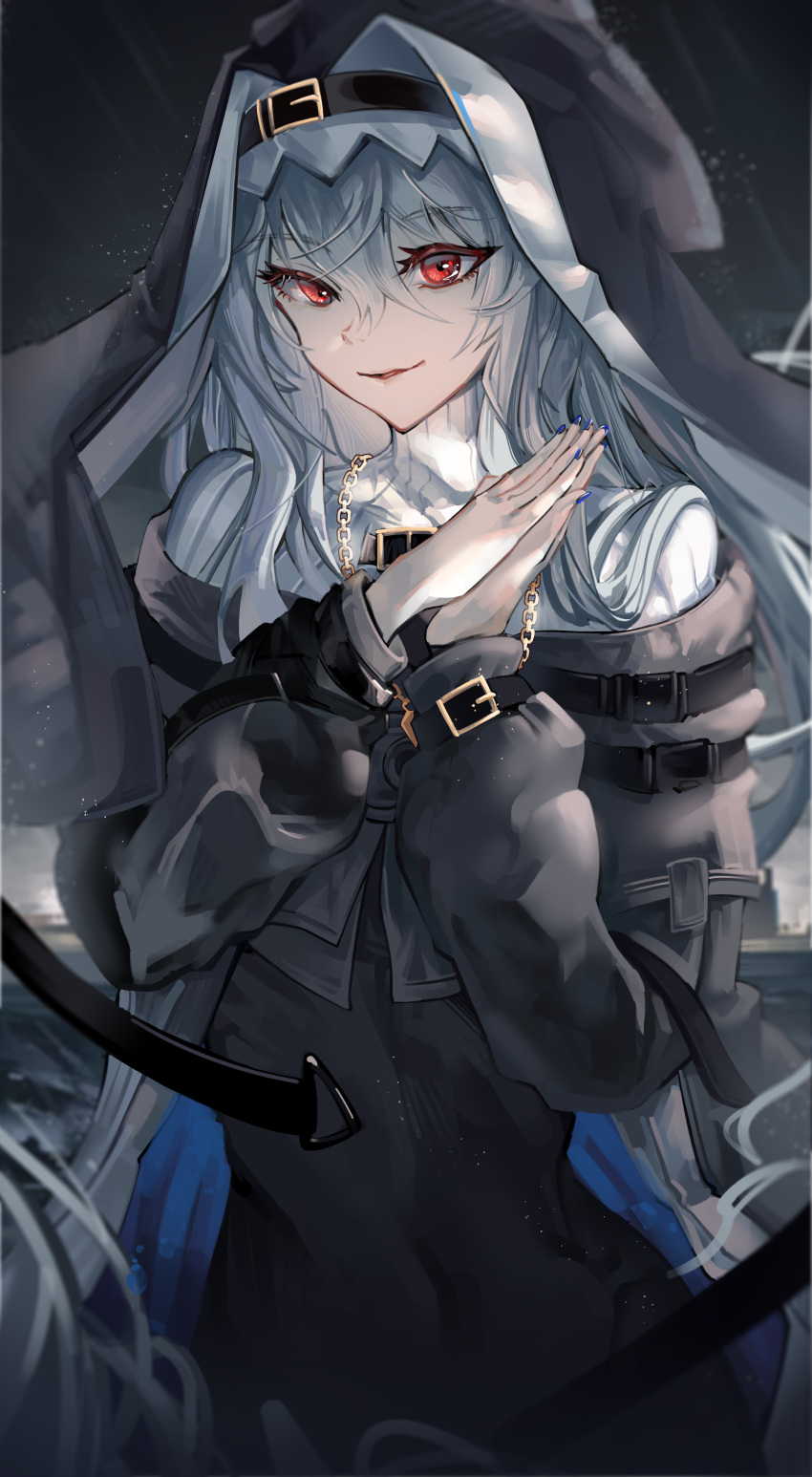 1girl, absurdres, arknights, black_dress, black_jacket, closed_mouth, coif, cowboy_shot, dress, grey_hair, habit, hair_between_eyes, hat, highres, jacket, jewelry, long_hair, long_sleeves, looking_at_viewer, mo_awanai, nail_polish, necklace, nun, red_eyes, rubbing_hands_together, shoulder_strap, smile, solo, specter_(arknights), sweater, turtleneck, turtleneck_sweater, very_long_hair, white_hair, white_sweater