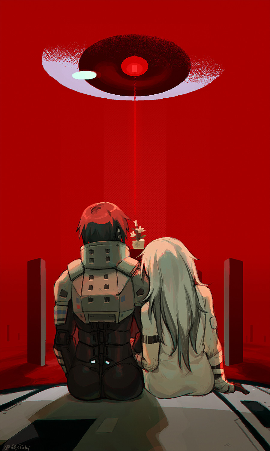 2girls, android, ariane_yeong, arm_tattoo, armor, bandaged_arm, bandages, bandaid