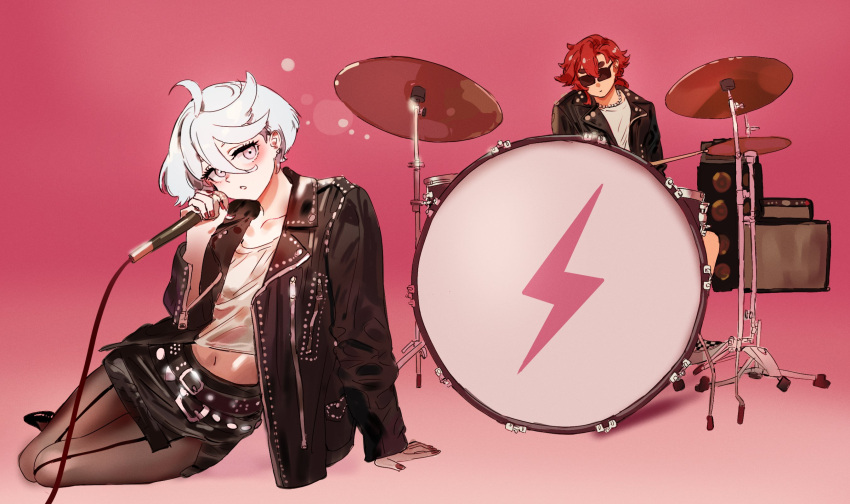 2girls, apt._(rose_&amp;_bruno_mars), belletaku, belt, black_belt, black_jacket, black_nails, black_pantyhose, commentary, cymbals, drum, drum_set, drumsticks, earrings, gundam, gundam_suisei_no_majo, hair_between_eyes, hand_rest, highres, holding, holding_drumsticks, holding_microphone, instrument, jacket, jewelry, leather, leather_jacket, leather_skirt, long_hair, long_sleeves, low_ponytail, microphone, miorine_rembran, multiple_girls, music, navel, necklace, open_mouth, pantyhose, pink_background, redhead, shirt, singing, sitting, speaker, suletta_mercury, sunglasses, white_hair, white_shirt