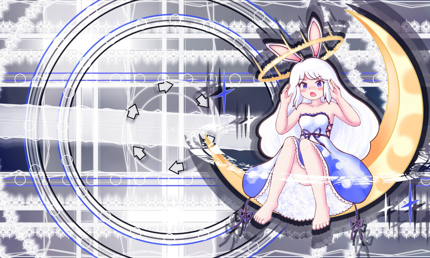 1girl, animal_ears, arrow_(symbol), barefoot, blue_dress, blue_eyes, blush, breasts