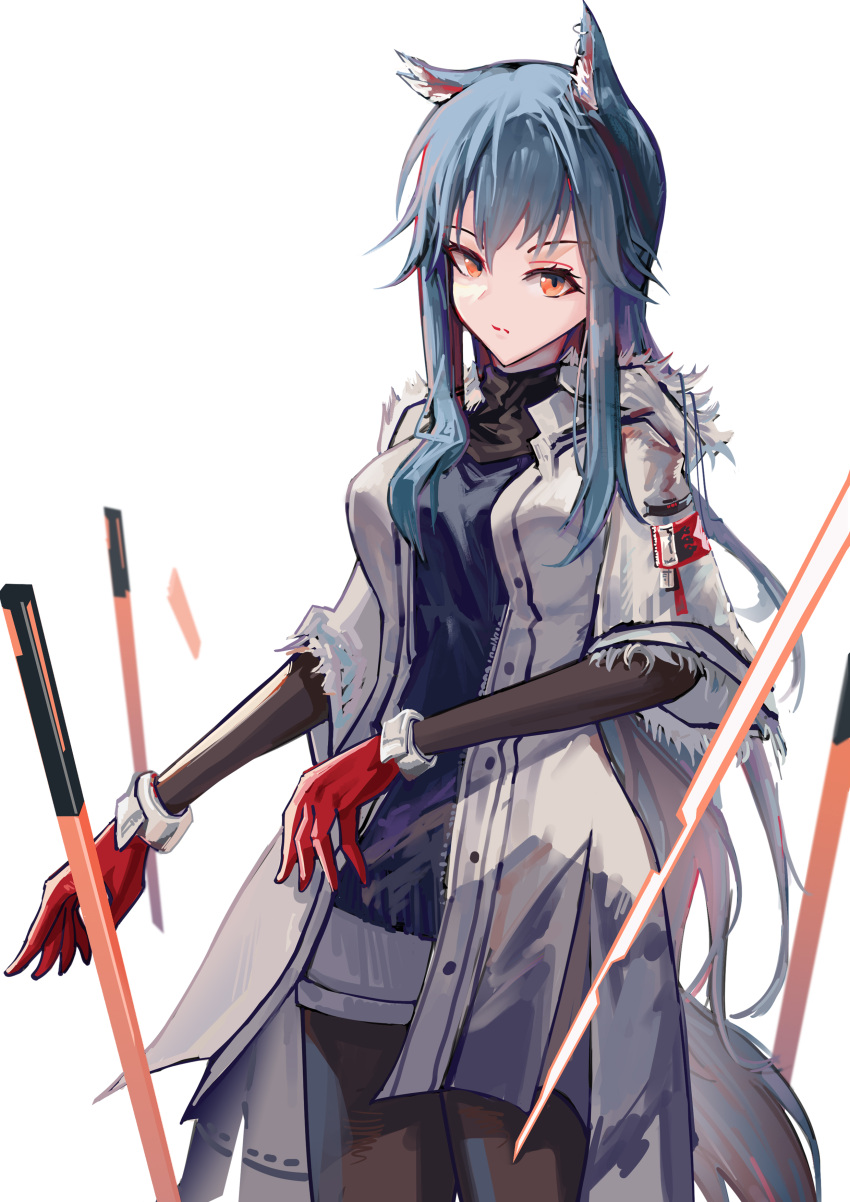 1girl, absurdres, animal_ear_fluff, animal_ears, arknights, black_hair, black_shirt, closed_mouth, cowboy_shot, fur-trimmed_jacket, fur_trim, gloves, hair_between_eyes, highres, jacket, long_hair, long_sleeves, looking_at_viewer, mo_awanai, official_alternate_costume, open_clothes, orange_eyes, pantyhose, red_gloves, shirt, shorts, solo, tail, texas_(arknights), texas_(winter_messenger)_(arknights), white_jacket, white_shorts, wolf_ears, wolf_girl, wolf_tail