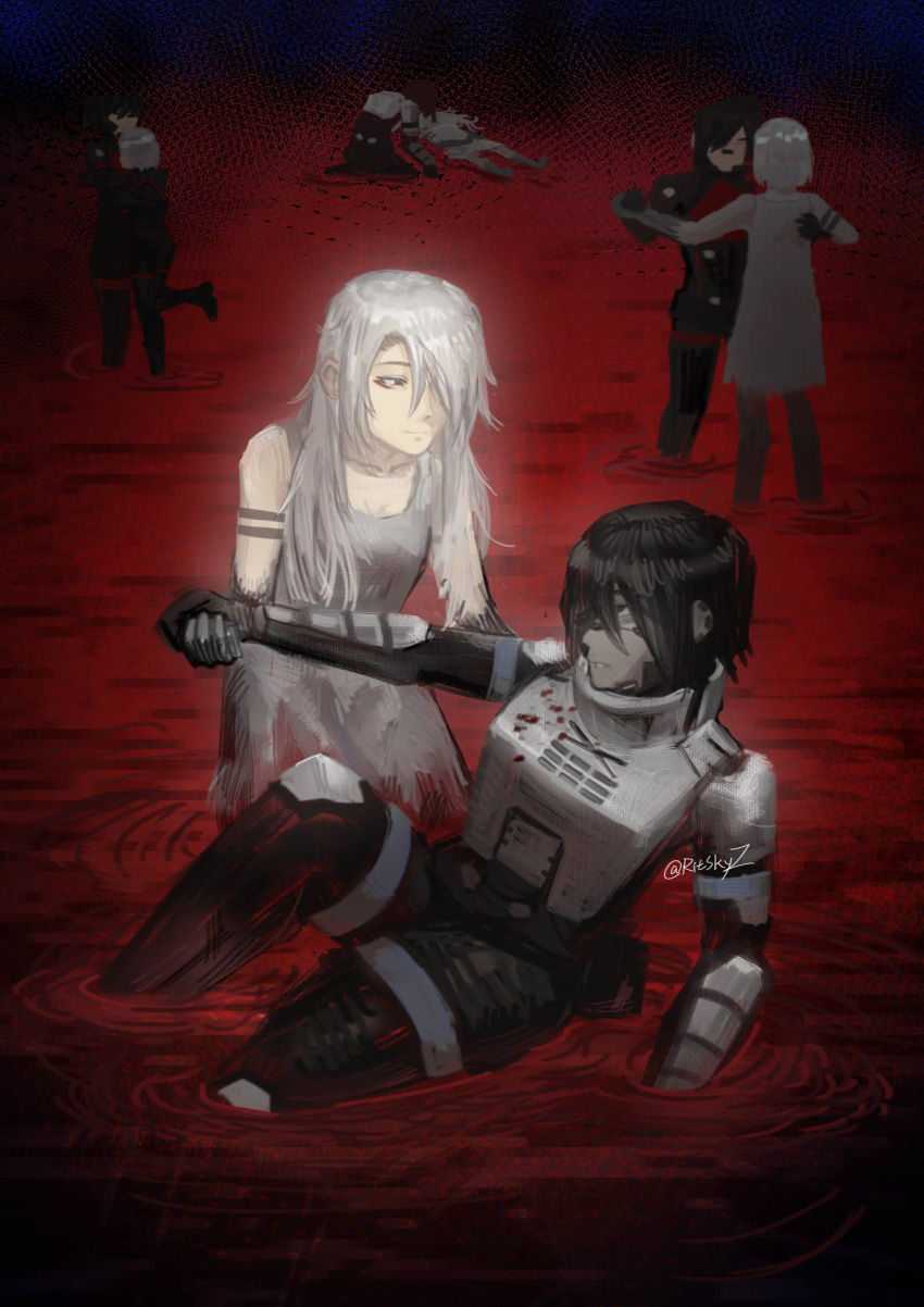 2girls, absurdres, android, ariane_yeong, arm_tattoo, armor, barcode, barcode_tattoo