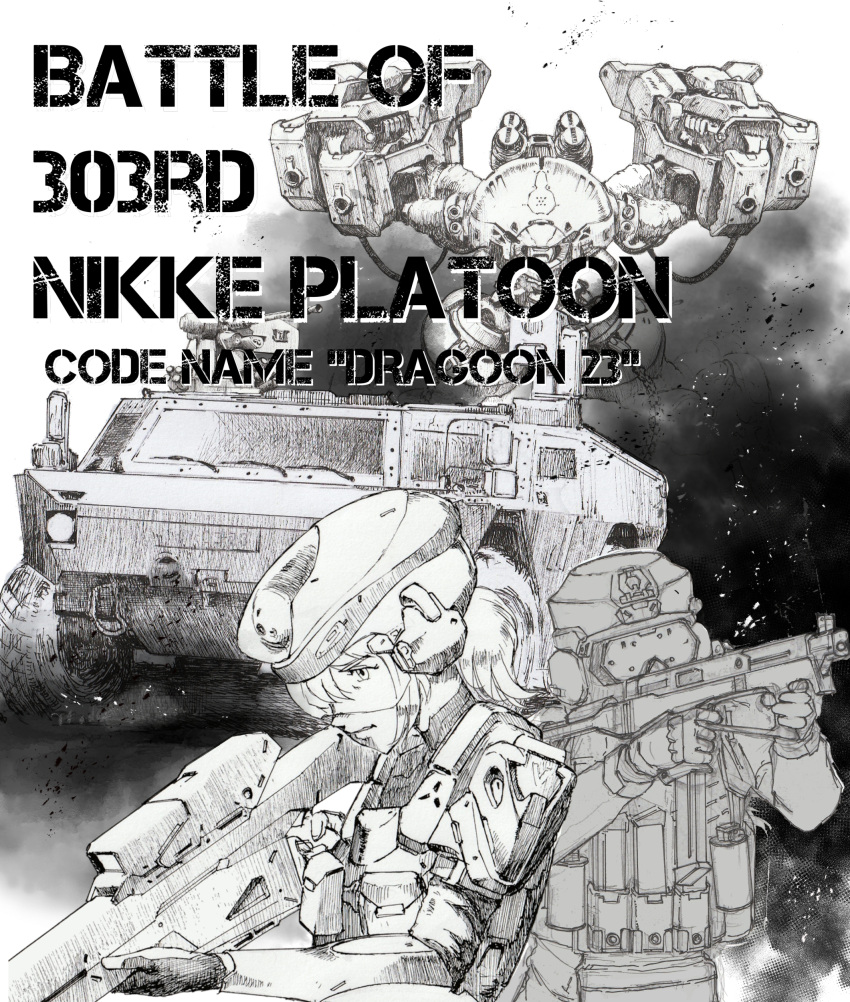 2girls, absurdres, armor, closed_mouth, combat_helmet, comic_cover, commentary_request, ear_protection