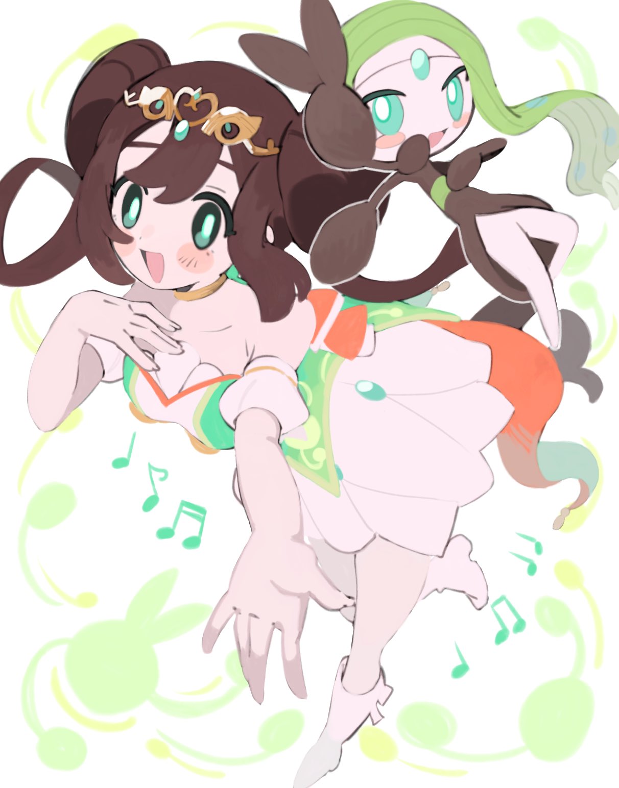 1girl, :d, blush, brown_hair, double_bun, dress, green_eyes, hair_bun