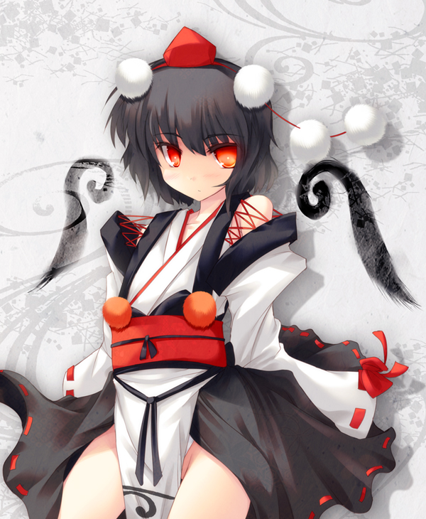 ai_takurou, alternate_costume, bare_shoulders, barefoot, black_hair, detached_sleeves, hat, japanese_clothes