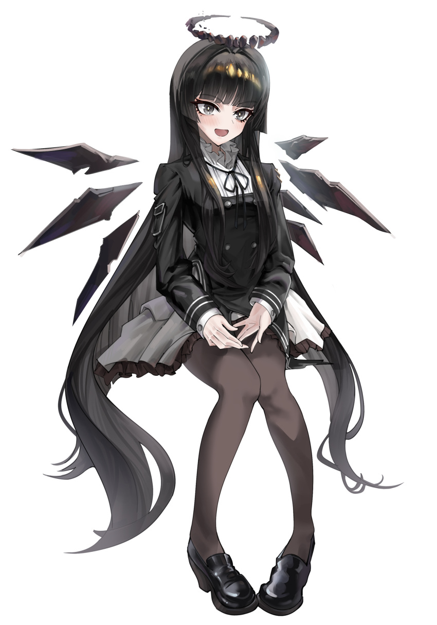1girl, absurdres, arknights, black_eyes, black_hair, black_halo, black_jacket, black_pantyhose, black_ribbon, black_vest, blunt_bangs, blush, broken_halo, dark_halo, detached_wings, dress, full_body, halo, highres, hime_cut, jacket, long_hair, long_sleeves, looking_at_viewer, mo_awanai, mole, mole_under_eye, open_mouth, pantyhose, ribbon, sidelocks, smile, solo, straight_hair, very_long_hair, vest, virtuosa_(arknights), white_dress, wings