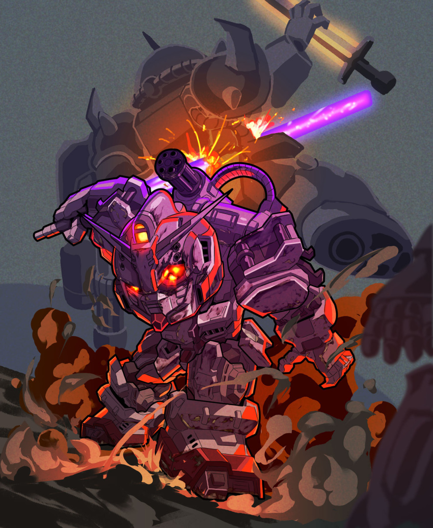 battle, beam_saber, chibi, commentary_request, damaged, dust_cloud, gatling_gun, glowing