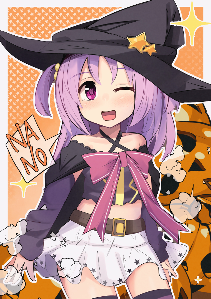 1girl, ;d, belt, belt_buckle, black_hat, border, bow, breasts