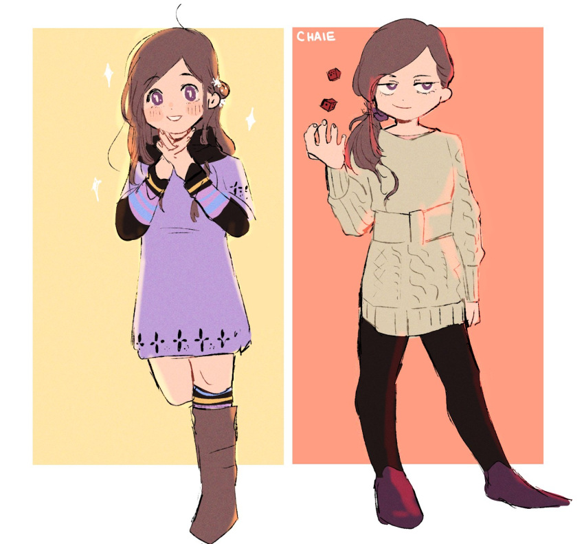 1girl, artist_name, blush, boots, brown_footwear, brown_hair, cable_knit, chaie