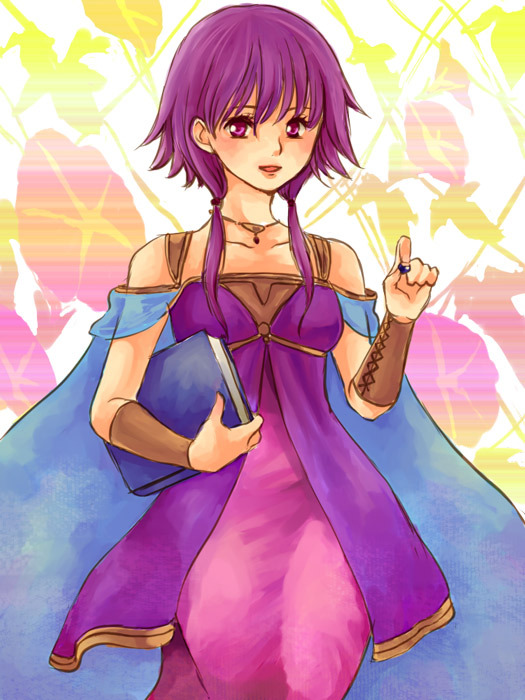 cape, fire_emblem, fire_emblem:_seima_no_kouseki, fire_emblem_sacred_stones, flower, lute_(fire_emblem), purple_eyes, purple_hair