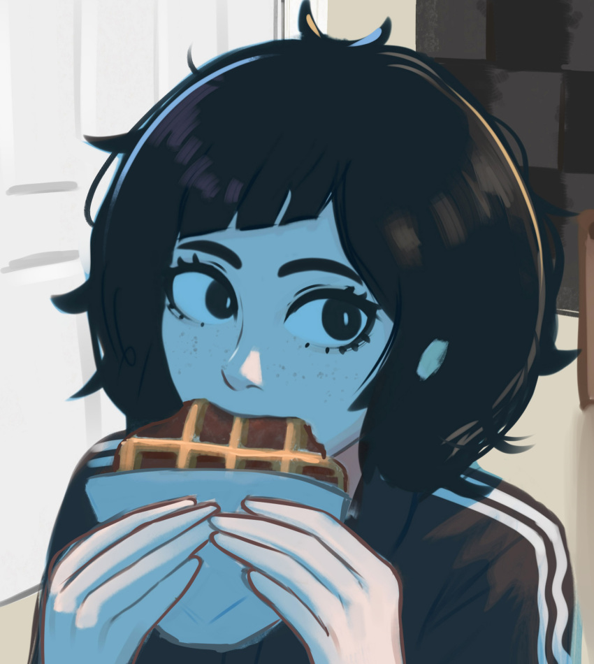 1girl, adidas, biting, black_eyes, black_hair, blue_light, commentary, cut_bangs