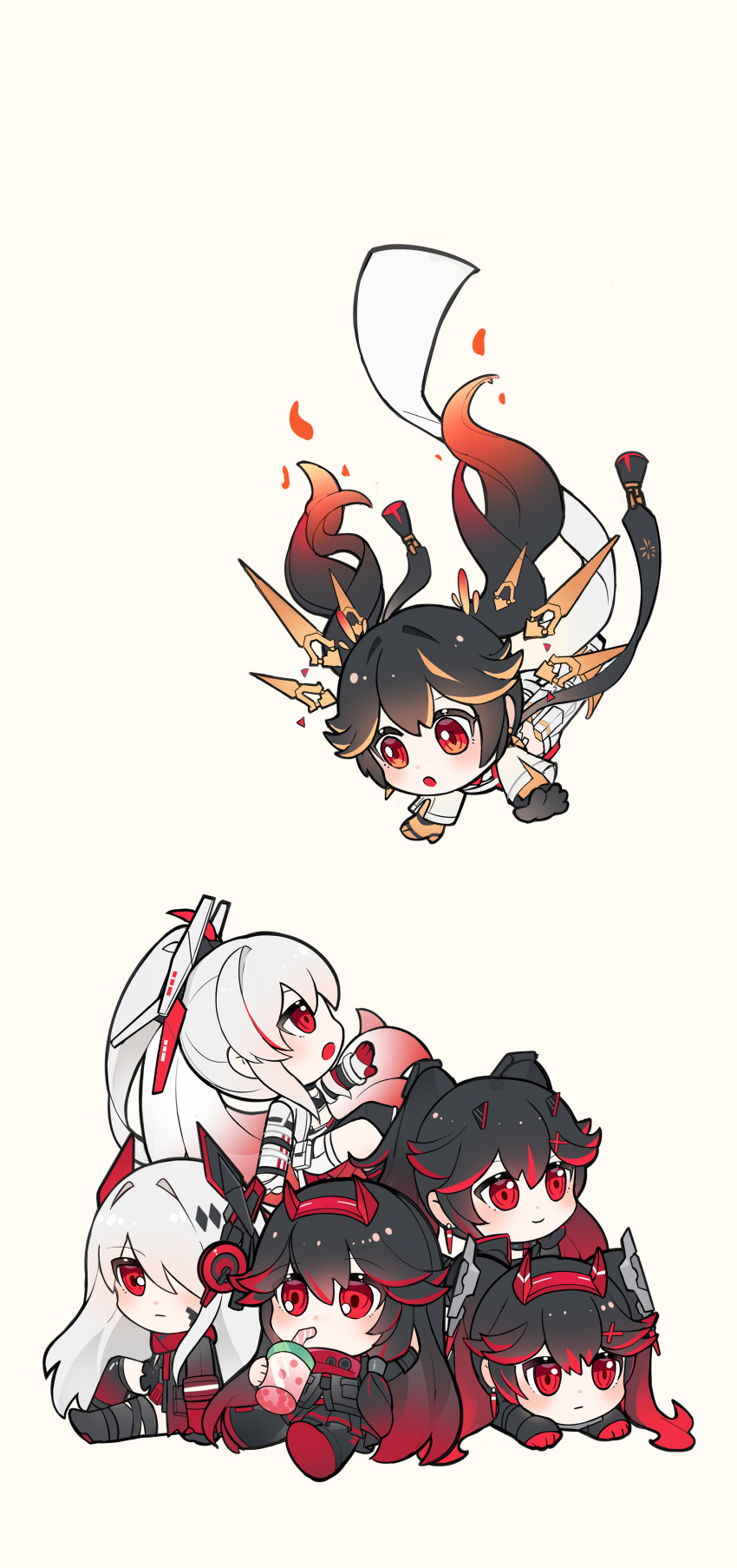 absurdres, alpha_(pgr), bandaged_leg, bandages, black_bandages, black_bra, black_hair, black_jacket, bra, chibi, chibi_only, collar, cup, drinking, drinking_straw, fake_horns, floating_hair_ornament, gradient_clothes, gradient_hair, gradient_jacket, hair_ornament, hair_over_one_eye, headgear, headphones, highres, holding, holding_cup, horns, jacket, long_hair, lucia:_crimson_abyss_(pgr), lucia:_crimson_weave_(pgr), lucia:_dawn_(pgr), lucia:_lotus_(pgr), lucia:_plume_(pgr), lucia:_pyroath_(pgr), lucia_(pgr), mechanical_arms, multicolored_hair, open_mouth, orange_hair, punishing:_gray_raven, red_eyes, red_horns, red_jacket, red_scarf, redhead, scarf, shirt, sports_bra, streaked_hair, ting_zhi_yue, twintails, underwear, white_background, white_shirt, wide_ponytail, x_hair_ornament