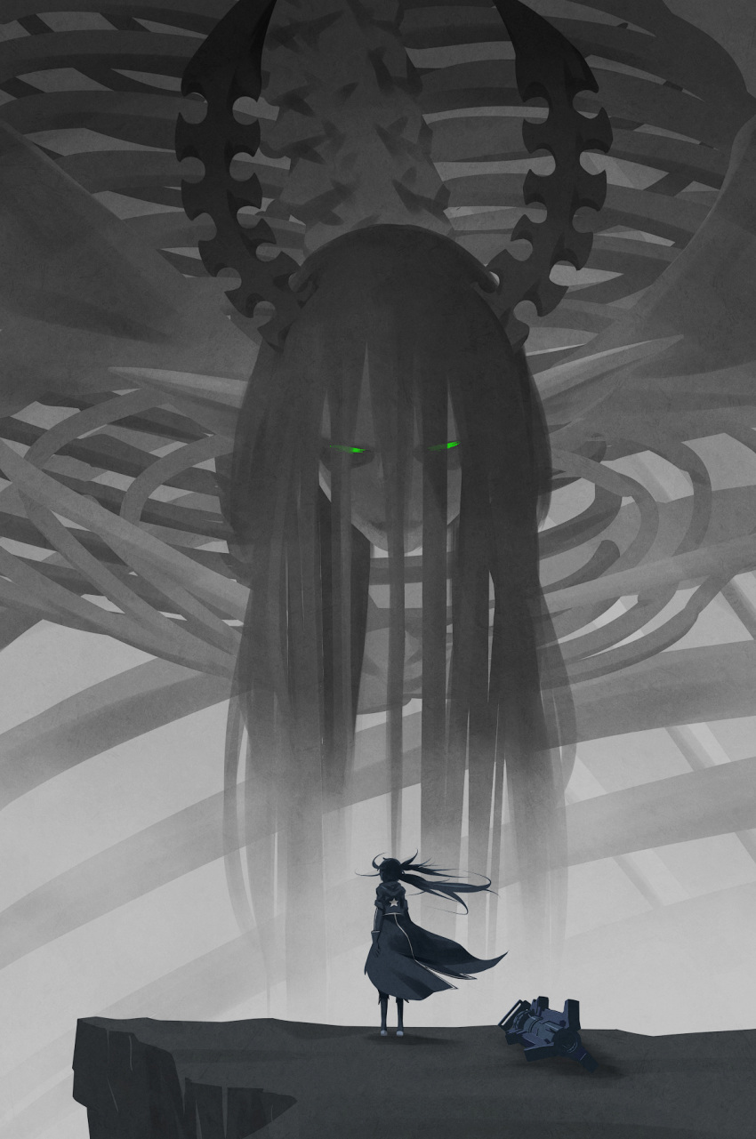 32zzz, black_hair, black_jacket, black_rock_shooter, black_rock_shooter_(character), boots, crossover, dark_persona