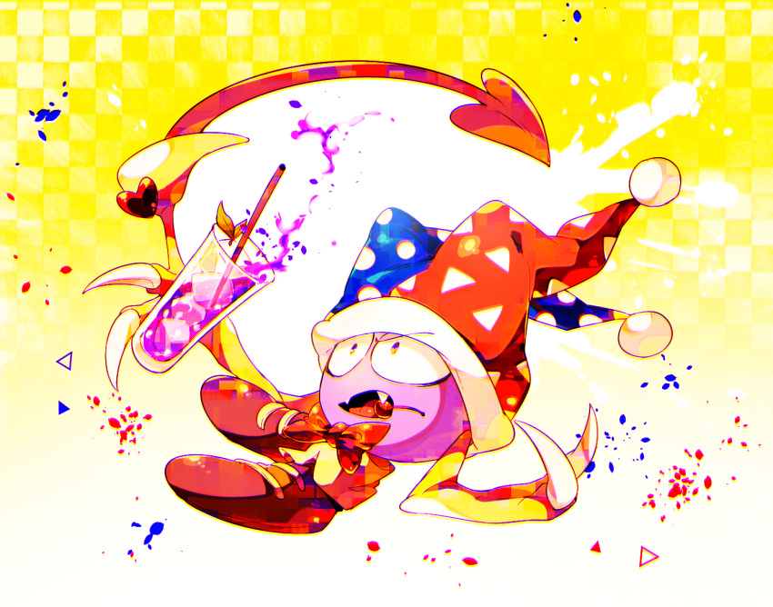 animal_hands, blue_hat, boots, bow, bowtie, brown_footwear, checkered_background, cherry