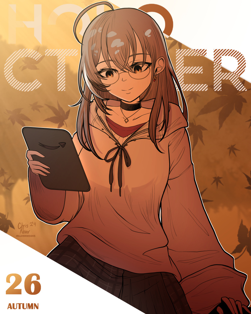 1girl, absurdres, ahoge, autumn_leaves, black_choker, black_hair, brown_eyes, brown_hoodie