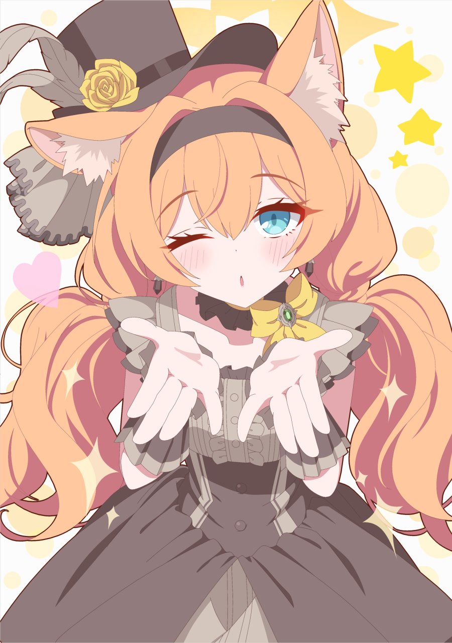 1girl, animal_ear_fluff, black_headband, blowing_kiss, blue_archive, blue_eyes, flower, flower_hat