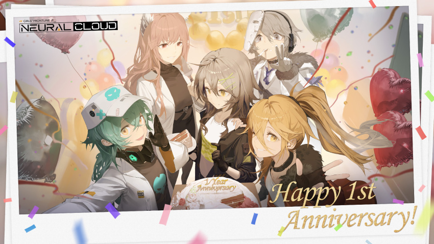 1boy, 4girls, ahoge, animal_ears, antonina_(neural_cloud), artist_name, artist_request, balloon, baseball_cap, black_gloves, blonde_hair, bone_print, breasts, cake, cake_slice, coat, copyright_name, croque_(neural_cloud), english_commentary, feet_out_of_frame, food, fur_collar, girls'_frontline_neural_cloud, gloves, grey_eyes, grey_hair, hair_between_eyes, happy_anniversary, hat, headset, heart_balloon, highres, holding, holding_plate, jacket, lab_coat, long_hair, looking_at_viewer, mask, mask_around_neck, multiple_girls, one_eye_closed, open_mouth, orange_coat, persicaria_(neural_cloud), photo_(object), pink_eyes, pink_hair, plate, ponytail, second-party_source, selfie, shirt, simo_(neural_cloud), sol_(neural_cloud), sweater, teeth, upper_body, v, white_shirt, yellow_eyes