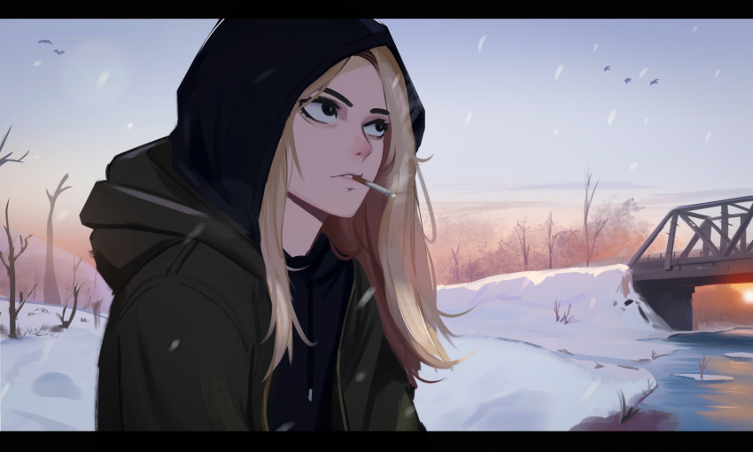 1girl, absurdres, black_eyes, black_hoodie, blonde_hair, bridge, cigarette, commentary