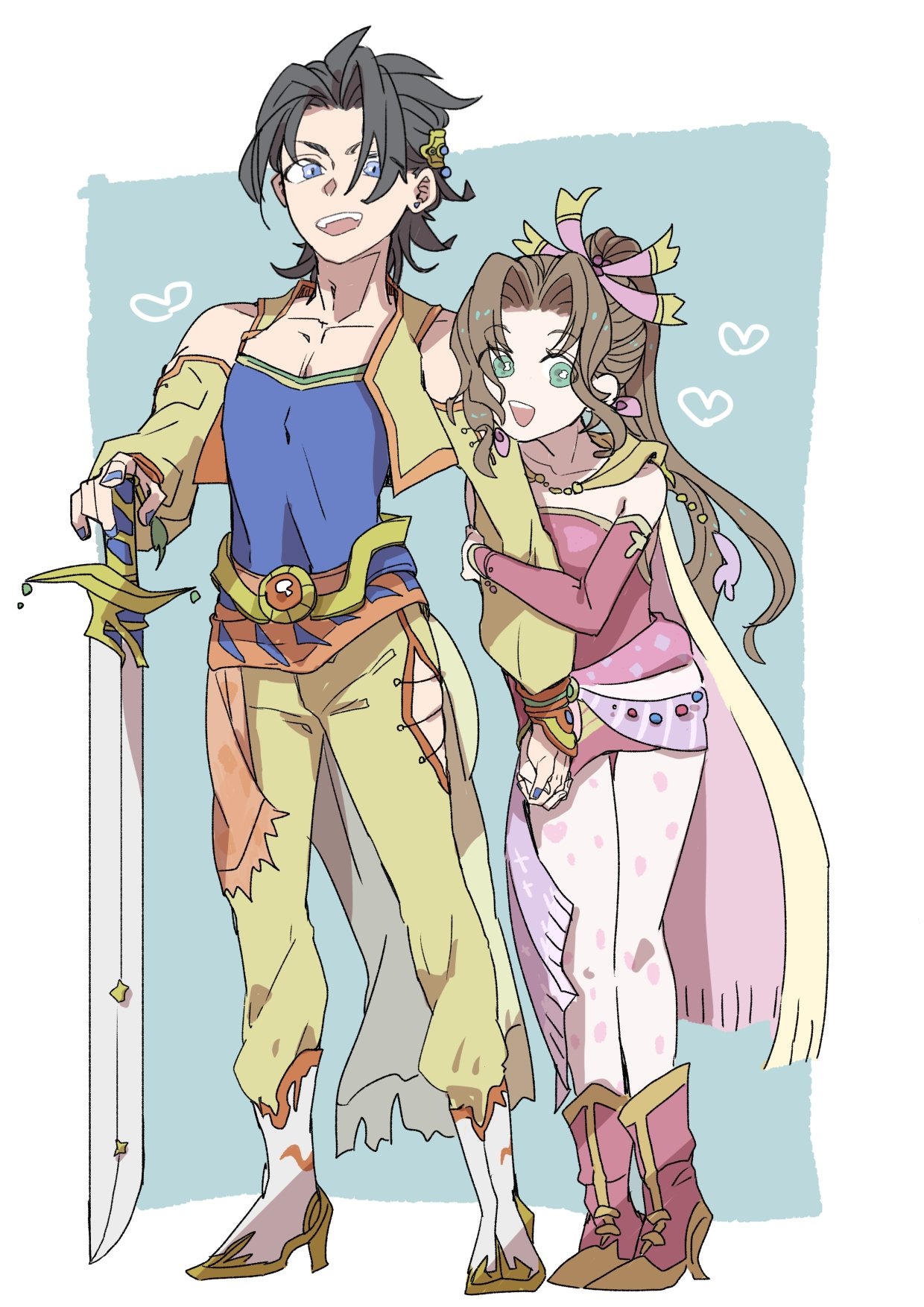 1boy, 1girl, aerith_gainsborough, arm_hug, bare_shoulders, black_hair, blue_eyes, blue_shirt