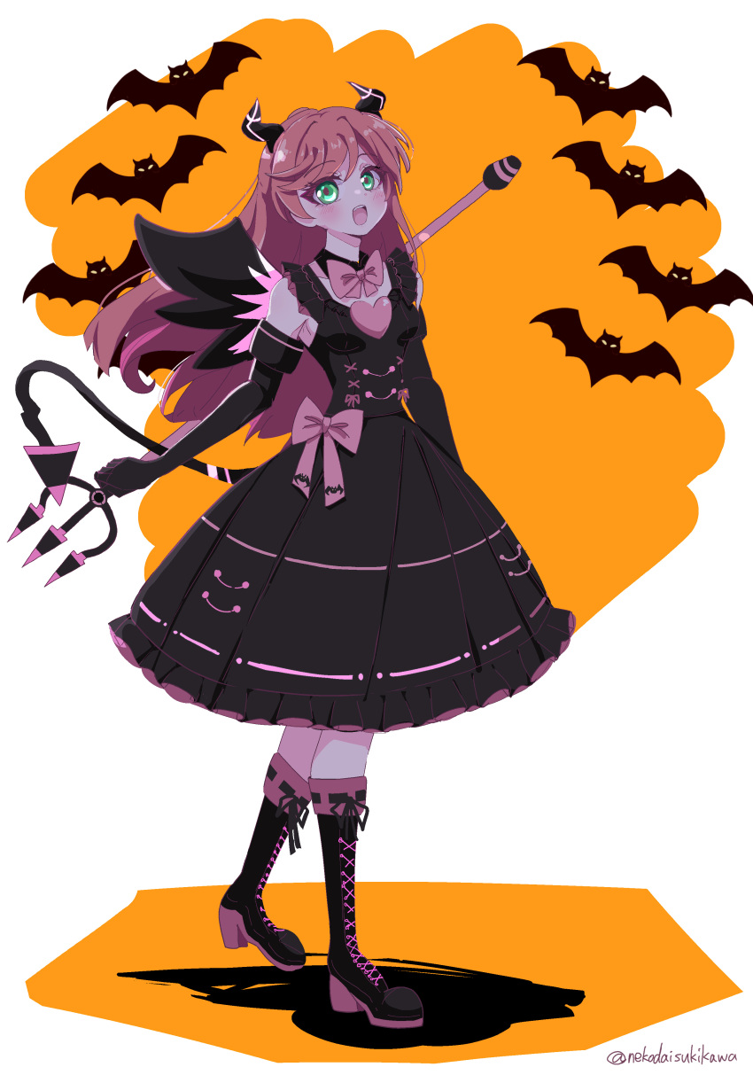 1girl, absurdres, bat_(animal), black_dress, black_footwear, black_gloves, boots, bow