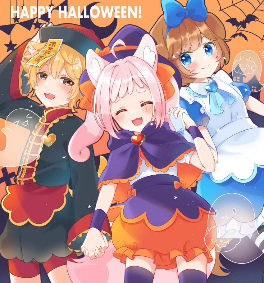 1boy, 2girls, ahoge, animal_ears, apron, bike_shorts, black_capelet, black_jacket