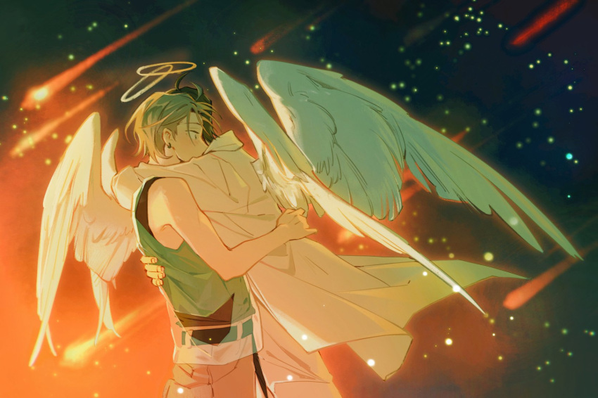 2boys, alien_stage, angel_wings, black_hair, black_tank_top, coat, commentary, earrings