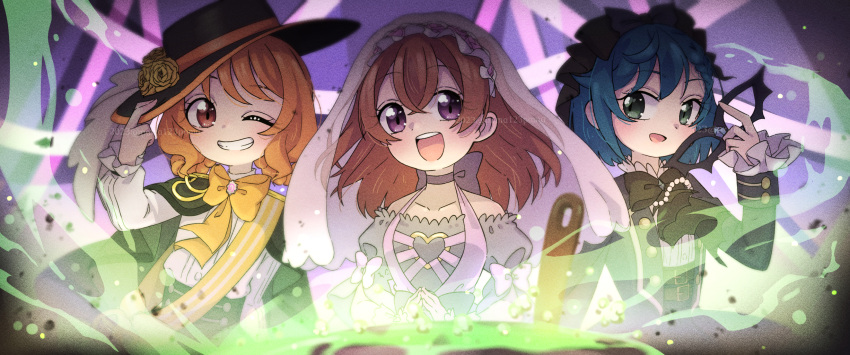 3girls, adjusting_clothes, adjusting_headwear, alternate_hairstyle, black_bow, black_bowtie, black_cape, black_hat