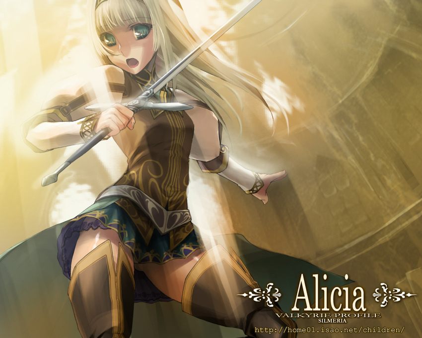 alicia, boots, character_name, miniskirt, skirt, sword, thigh_boots, thighhighs