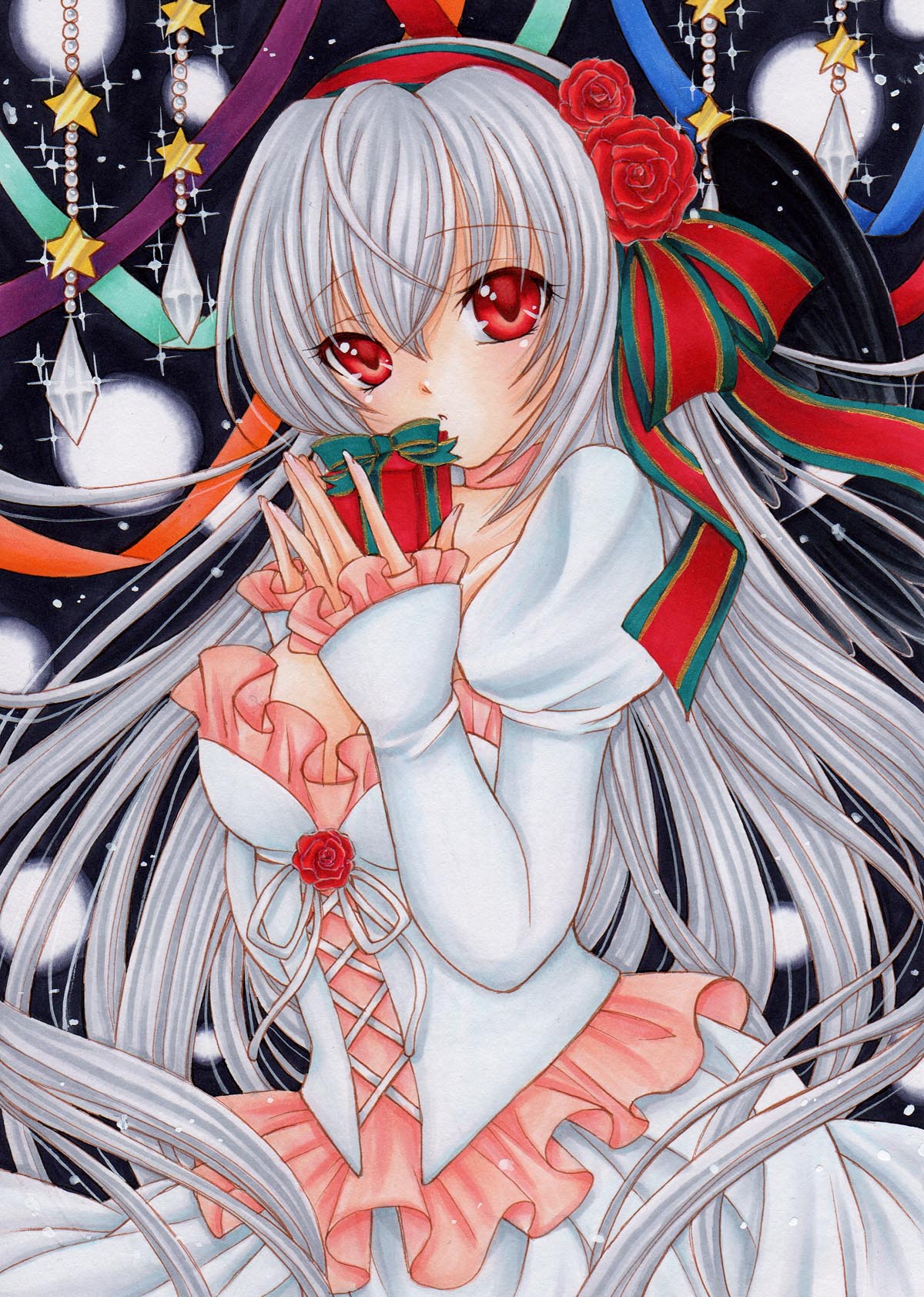 breasts, christmas, dress, flower, frills, gift, hairband, highres