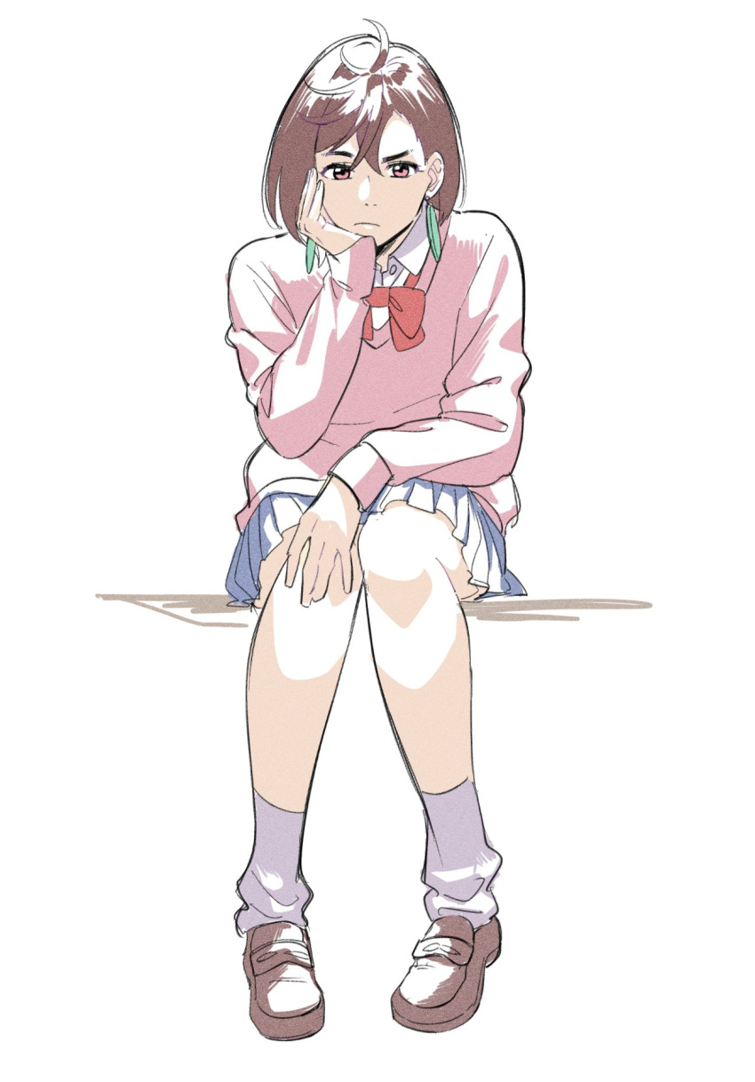 1girl, ayase_momo, blue_skirt, bow, bowtie, brown_eyes, brown_footwear, brown_hair