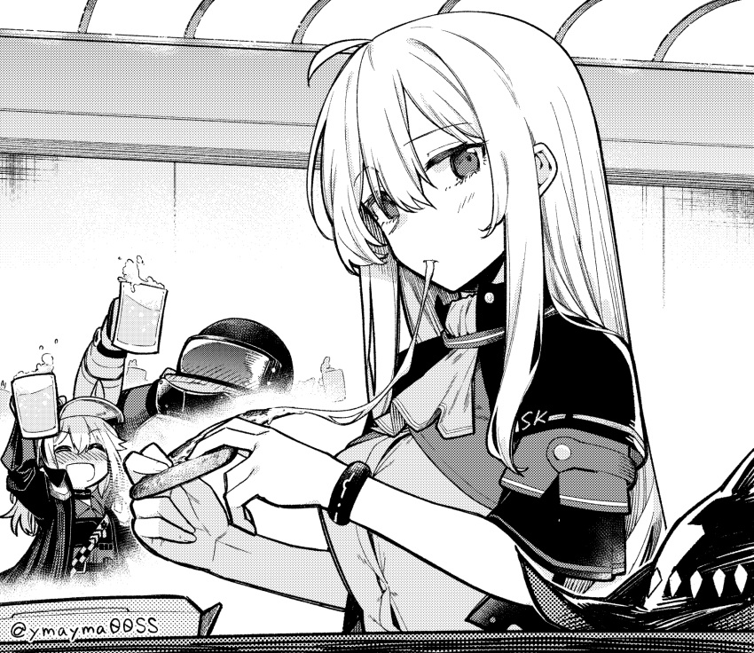 1boy, 2girls, ahoge, alcohol, animal_ears, arknights, beer, beer_mug