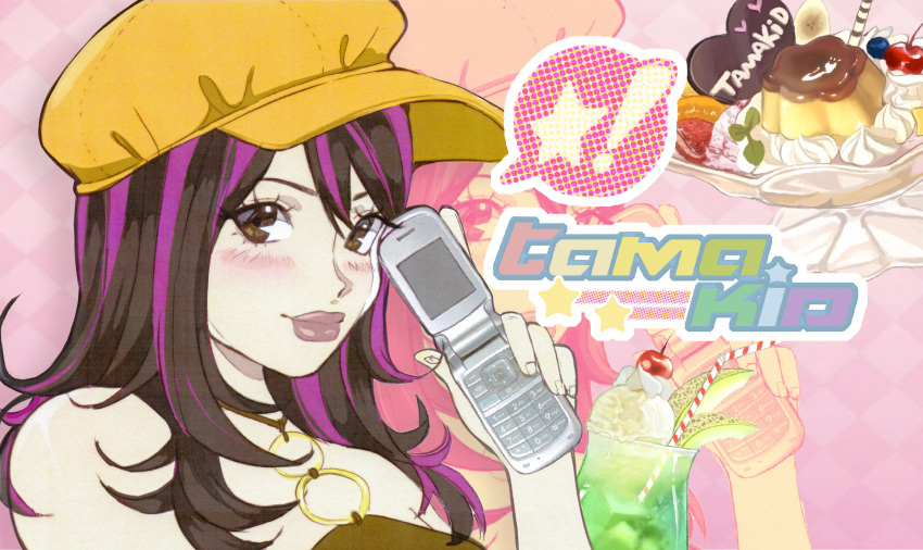 !, 1girl, artist_self-insert, brown_hair, cellphone, character_name, commentary, english_commentary