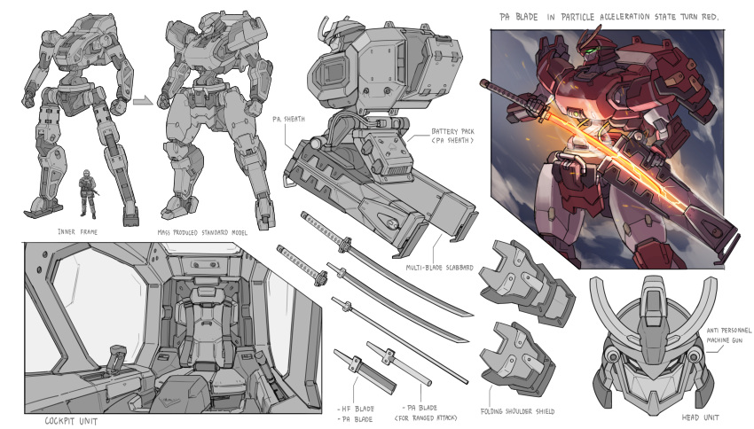 absurdres, armor, battery, cable, cockpit, commentary, concept_art, drawing_sword