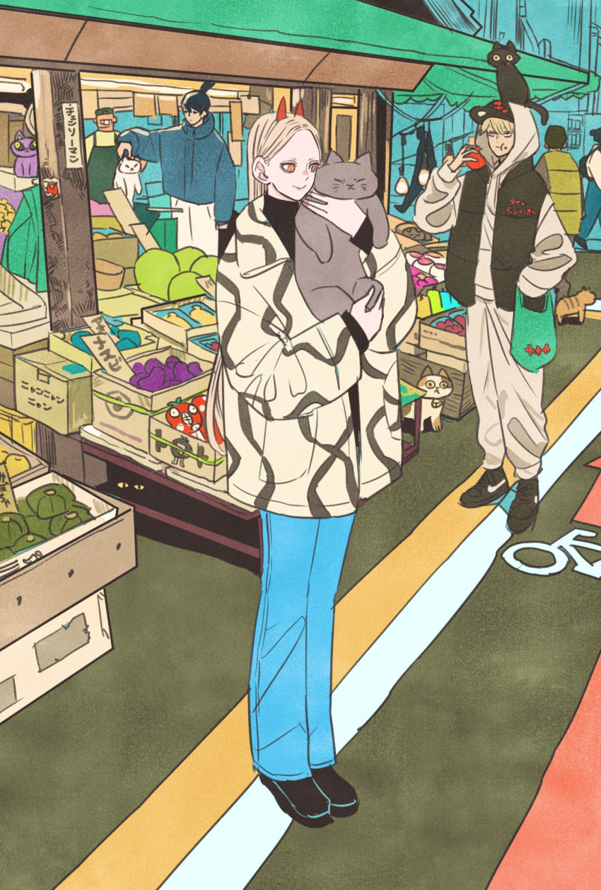 1girl, animal, black_hair, blonde_hair, blue_coat, blue_pants, cat, chainsaw_man