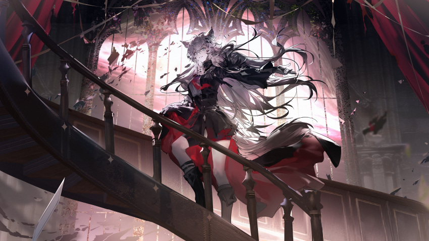 1girl, aiguillette, animal_ear_fluff, animal_ears, aqua_eyes, arknights, backlighting, black_footwear
