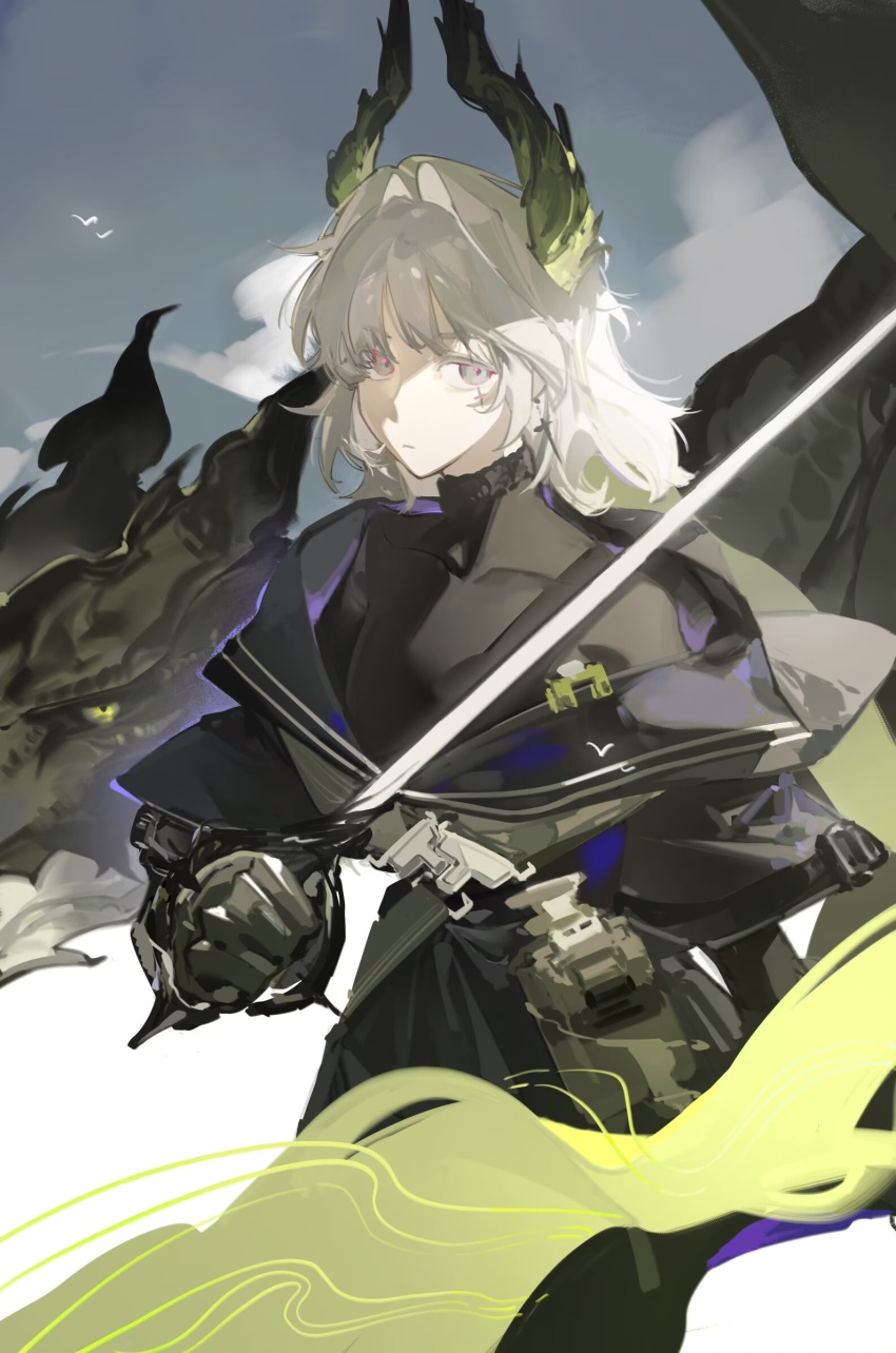 arknights, black_shirt, closed_mouth, cowboy_shot, cross, cross_earrings, cross_scar, dragon