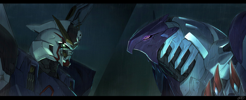 awatobi, claws, commentary_request, cornix_(mobile_suit), crossbone_gundam, crossbone_gundam_x-1, damaged, from_side, glowing, glowing_eye, green_eyes, gundam, highres, letterboxed, mecha, mecha_focus, mobile_suit, no_humans, portrait, rain, robot, science_fiction, signature, skull_and_crossbones, split_screen, v-fin, violet_eyes