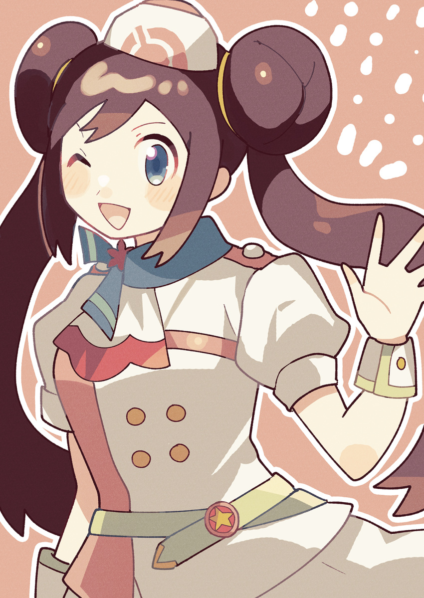 1girl, ;d, anidler91, ascot, belt, blue_eyes, blue_scarf, brown_hair