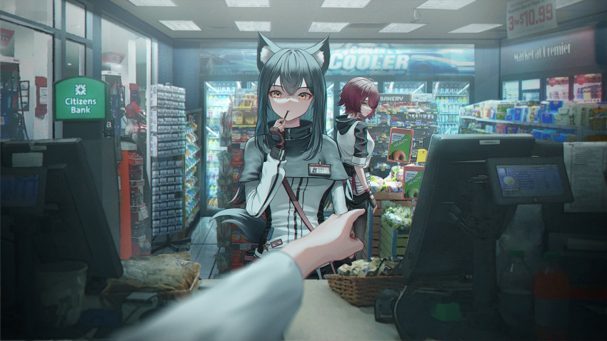 2girls, animal_ear_fluff, animal_ears, arknights, atm, basket, black_gloves, capelet
