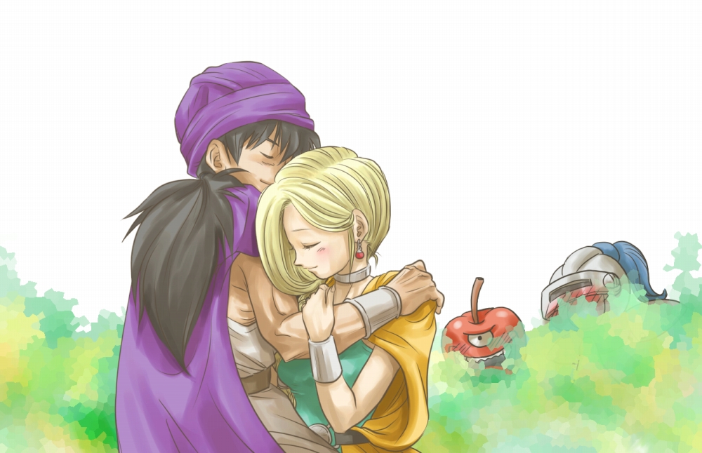 blonde_hair, blush, bracelet, cape, chinyan, closed_eyes, couple, dragon_quest