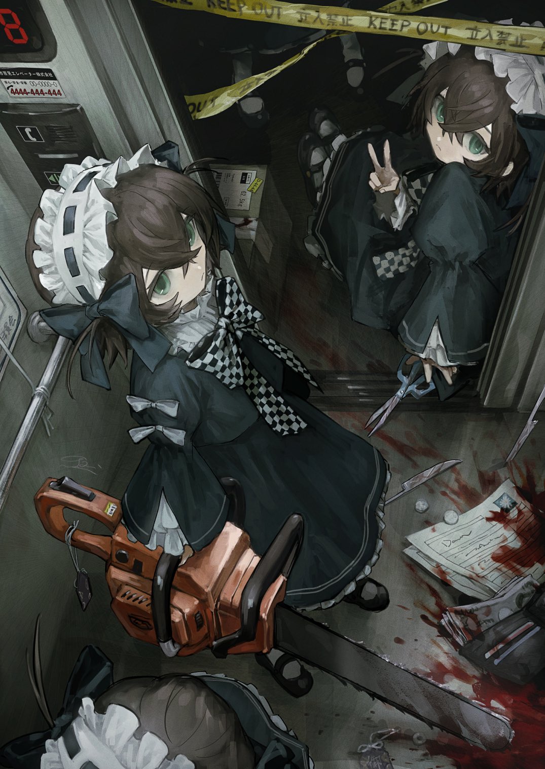 4girls, black_dress, black_footwear, blood, bow, box, brown_hair, cardboard_box, caution_tape, chain, chainsaw, checkered_bow, checkered_clothes, coin, collar, crime_scene, dress, elevator, elevator_door, expressionless, frilled_collar, frills, goth_fashion, green_eyes, hair_between_eyes, hair_bow, handlebar, headdress, highres, holding, holding_chainsaw, indoors, knife, komenomoku, lolita_fashion, long_hair, long_sleeves, looking_at_viewer, maid_headdress, money, multiple_girls, original, scalpel, scissors, short_hair, short_twintails, sitting, sleeve_bow, standing, string, tag, twintails, v, very_long_hair, wallet, washer, white_footwear, white_headdress