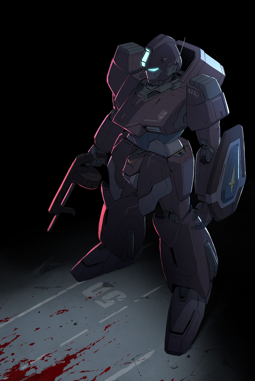arm_shield, arms_at_sides, assault_visor, awatobi, blood, commentary_request, crossbone_gundam, earth_federation_space_forces