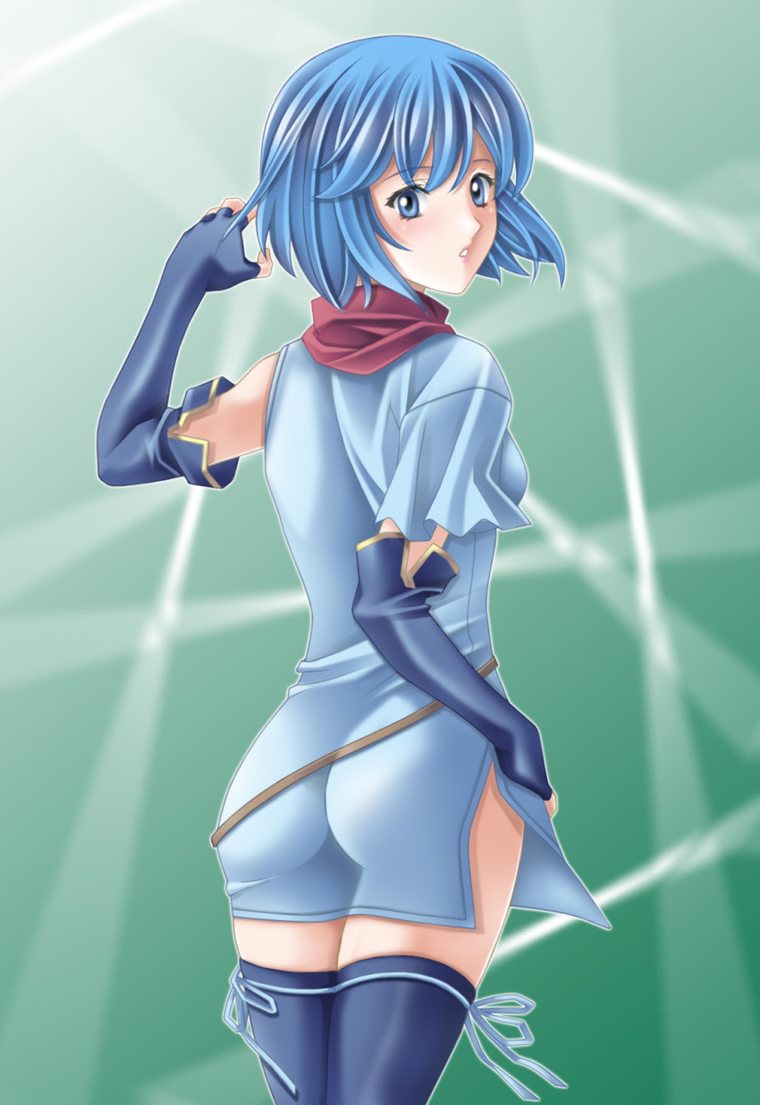:o, ass, blue_eyes, blue_hair, blush, elbow_gloves, fingerless_gloves, fire_emblem, fire_emblem:_mystery_of_the_emblem, gloves, highres, katua, pegasus_knight, short_hair, side_slit, skirt, solo, strap, tamamon, thigh-highs, thighhighs, zettai_ryouiki