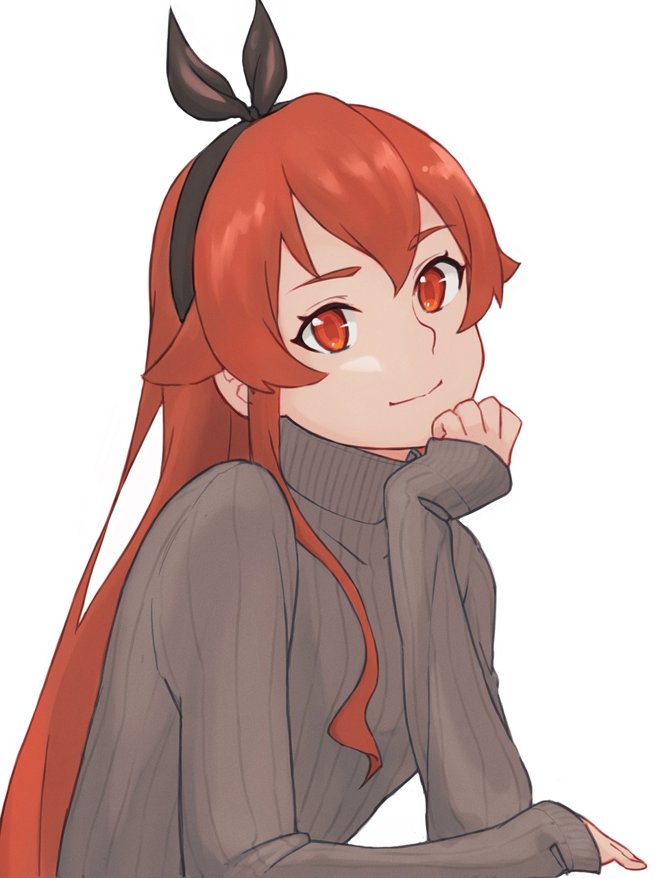 1girl, black_ribbon, breasts, closed_mouth, eris_greyrat, grey_sweater, hair_between_eyes, hair_ribbon
