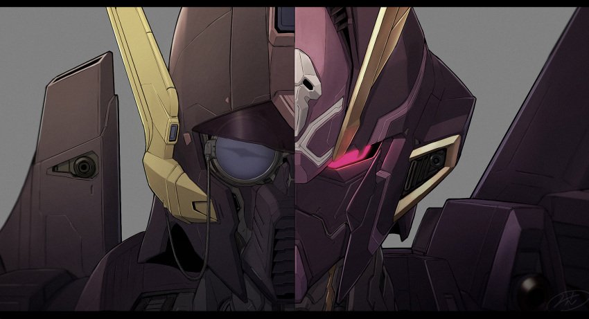 awatobi, commentary_request, crossbone_gundam, crossbone_gundam_x-2, den'an_gei, glowing, glowing_eye, grey_background