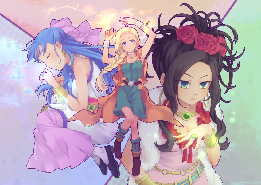 black_hair, blonde_hair, blue_eyes, blue_hair, boots, bow, bracelet, braid, breasts, cape, choker, cleavage, closed_eyes, deborah, dragon_quest, dragon_quest_v, dress, earrings, eyes_closed, fire, flora, flower, green_eyes, hair_bow, hair_flower, hair_ornament, hair_over_shoulder, highres, jewelry, long_hair, magic, necklace, red_rose, ring, rose, sanndo, single_braid, water