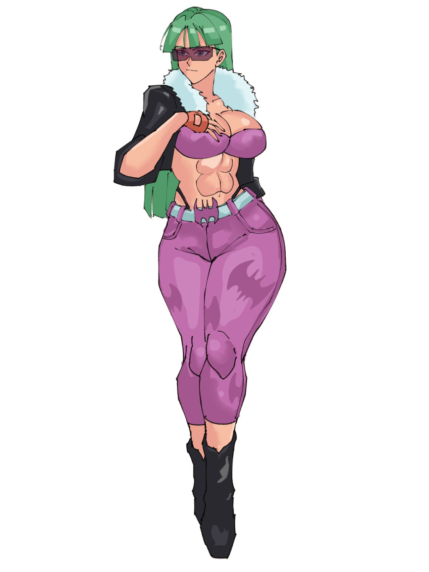 1girl, abs, alternate_costume, belt, biker_clothes, bikini, bikini_top_only, black_jacket, boots, breasts, capcom, capri_pants, captain_tai, collarbone, commission, commissioner_upload, cropped_jacket, darkstalkers, fingerless_gloves, fur-trimmed_jacket, fur_trim, gloves, green_eyes, green_hair, highres, jacket, large_breasts, long_hair, morrigan_aensland, muscular, muscular_female, navel, pants, patterned_clothing, solo, sunglasses, swimsuit, thong