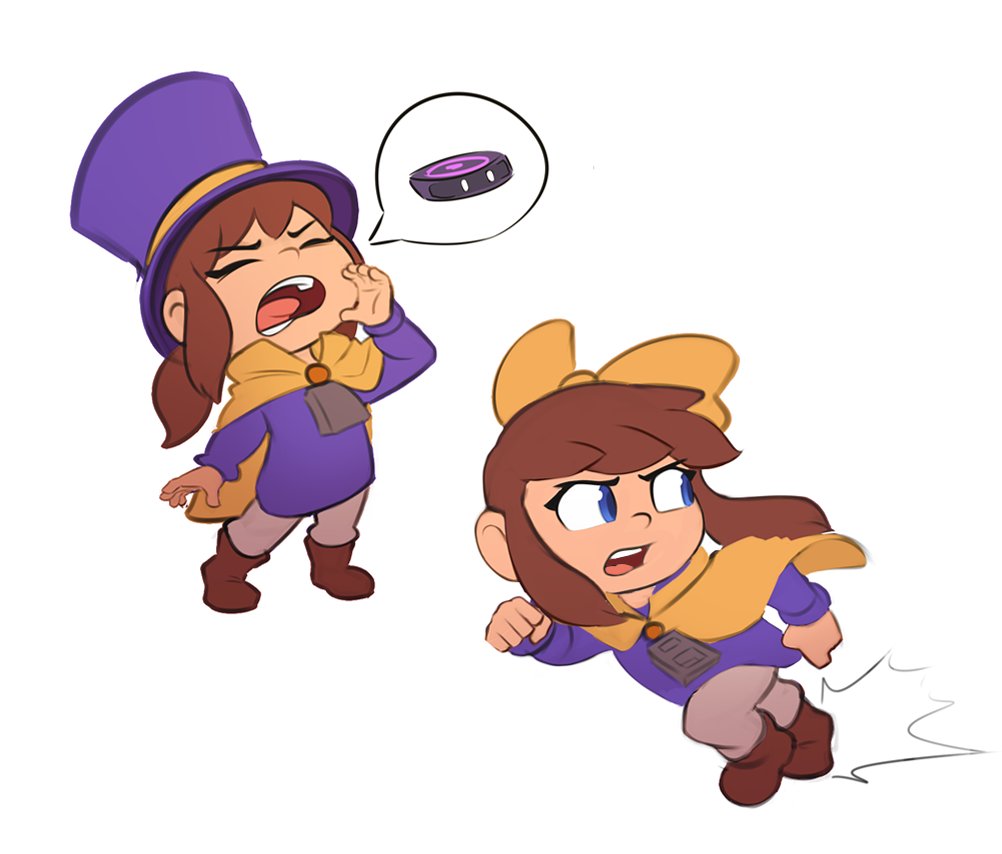 1girl, a_hat_in_time, ankle_boots, blue_eyes, boots, bow, brown_footwear, brown_hair, cape, child, clenched_hands, closed_eyes, commentary, grey_pants, hair_bow, hat, hat_kid, hat_ribbon, jacket, long_sleeves, looking_back, multiple_views, open_mouth, pants, ponytail, purple_hat, purple_jacket, ribbon, robotic_vacuum_cleaner, running, sayman, shouting, sidelocks, simple_background, speech_bubble, teeth, tongue, top_hat, upper_teeth_only, white_background, yellow_bow, yellow_cape, yellow_ribbon, zipper_pull_tab