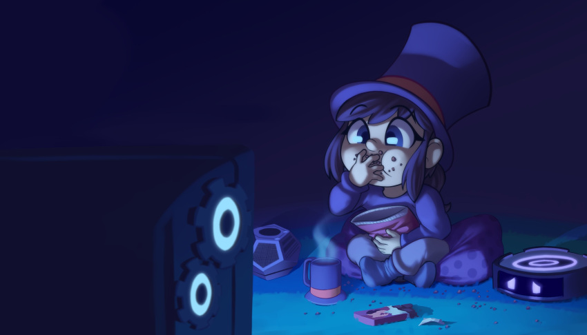 1girl, a_hat_in_time, blue_eyes, brown_hair, candy, child, chocolate, chocolate_bar